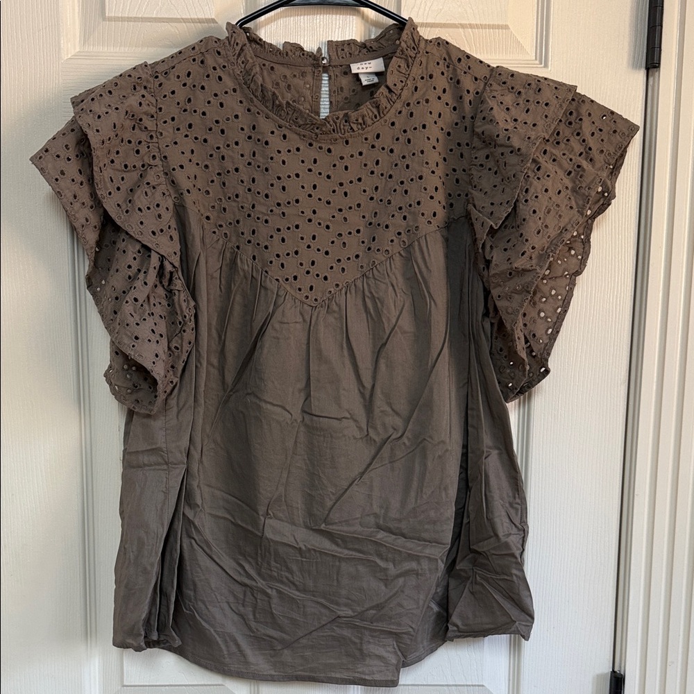 a new day Taupe Eyelet Ruffle Blouse